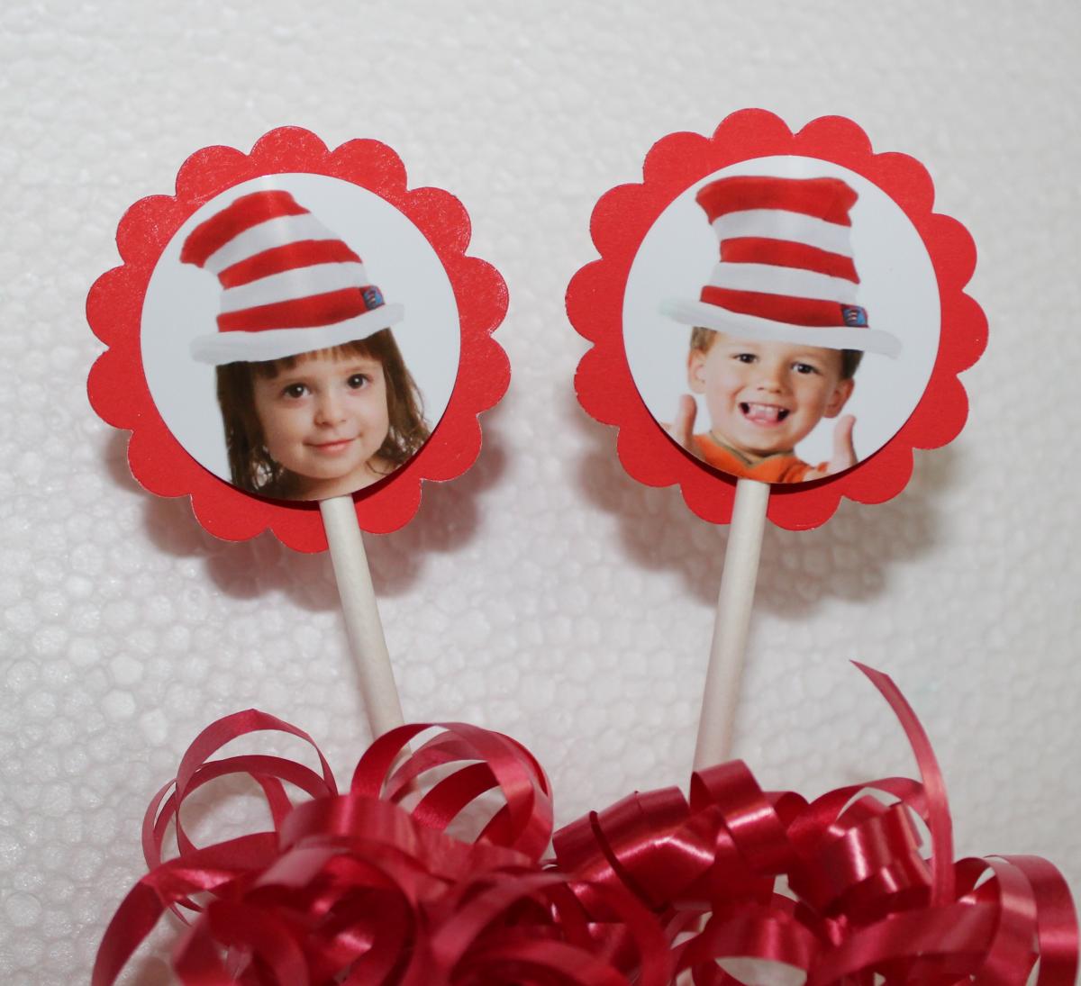 Photo Personalized The Cat In The Hat Inspired Cupcake Party Toppers - Custom